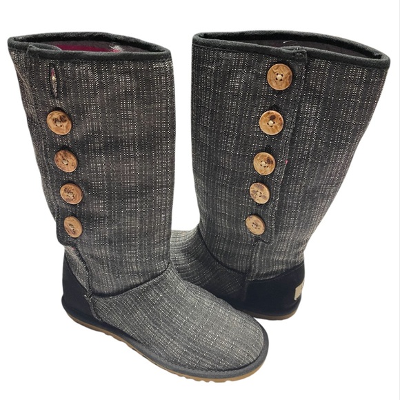 UGG LO PRO-BUTTON PLAID DOWN FLANNEL DENIM BOOTS WOMEN LOGO GRAY